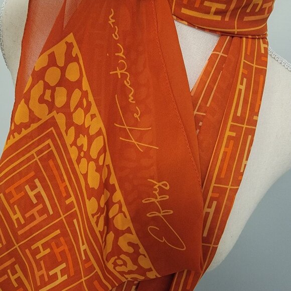Effy Hematian Women's Scarf Orange Logo Animal Print  Sheer Rectangular 68X27" - Picture 2 of 5